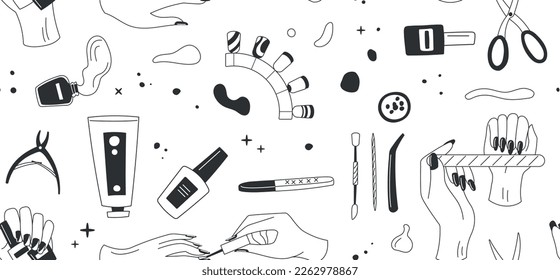 Manicure seamless pattern. Repeating design element for printing on fabric. Nailcare and pedicure equipment, womens hands with nail file, scissors and varnish. Cartoon flat vector illustration