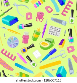 Manicure seamless pattern vector pedicure and manicuring accessory or tools nail-file or scissors of manicurist in nail-bar illustration fingernails polish for manicured hands background