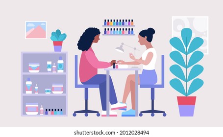 El concepto de servicio de manicura. El maestro de la manicura está haciendo una manicura en el salón de belleza. Ilustración de vector plana colorida