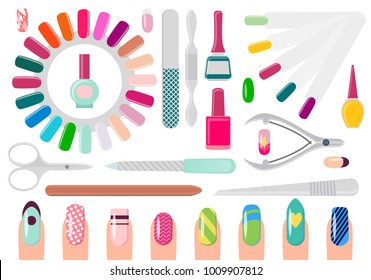 Manicure service sharp equipment, bottles of nail polish and decorated nails with patterns and plain isolated cartoon flat vector illustrations set.