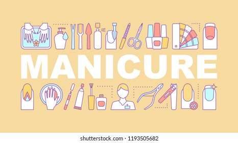 Manicure service word concepts banner. Nail salon. Isolated lettering typography idea with linear icons. Nail care instruments, polish, manicurist. Vector outline illustration