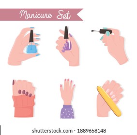 manicura de manos hembras con archivo de esmalte de uñas y ilustración del vector de color de pincel