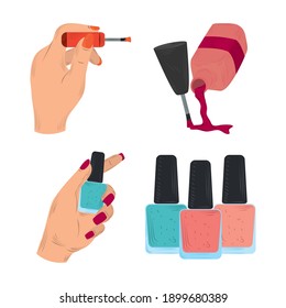 manicure set with female hands nail polishes color tool in cartoon style vector illustration