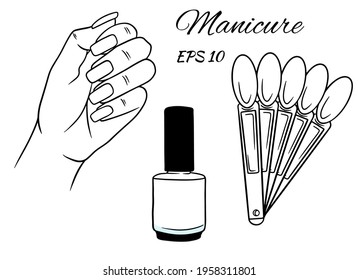 Manicure set. Hand with nails, nail polish palette. A bottle of varnish.