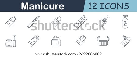 Manicure set icon. Fingernails, nail polish, files, finger care tools, separator, polish brush, bottles, hand massage, cuticle trimmer, cream jar, grooming brush.