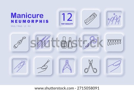 Manicure set icon. Nail polish, scissors, trimmer, cuticle pusher, lamp, file, brush, hands, care tools beauty and nail grooming in neumorphic style.