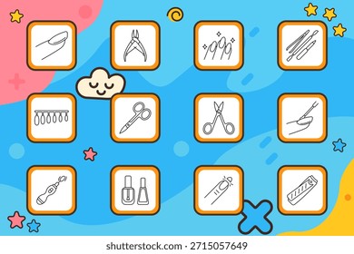 Manicure set icon. Nail, scissors, polish, cutter, brush, file, hand, glitter, salon, care, finger, tool, gel, design, shape, cosmetic, hygiene, equipment.