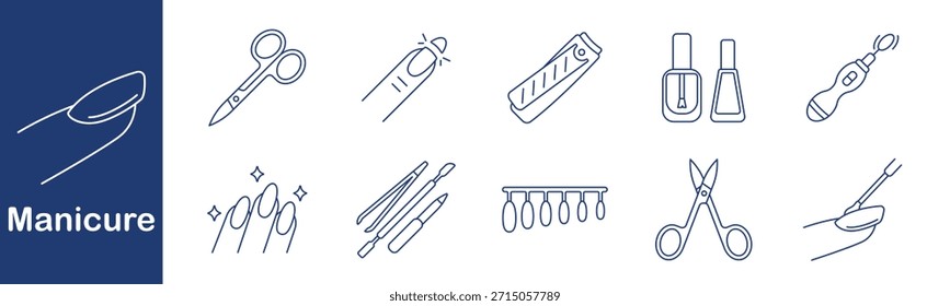 Manicure set icon. Nail, scissors, finger, clipper, polish, tool, brush, palette, cuticle, trimmer. Care, beauty, salon, hygiene, design, detail, shape, cosmetic, color, file.