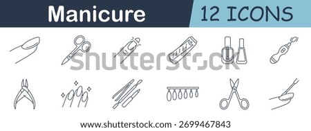 Manicure set icon. Nail, scissors, nail polish, file, clippers, polish bottles, drill, tools, painted nails, cuticle pusher, and detail brush in grooming outline style.