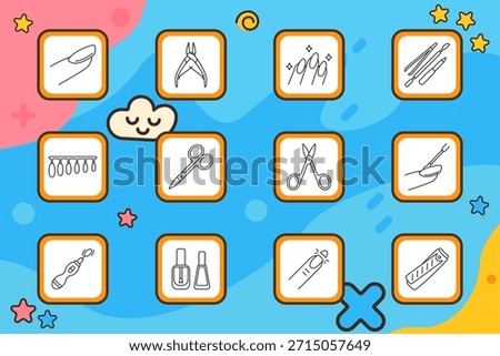 Manicure set icon. Nail, scissors, polish, cutter, brush, file, hand, glitter, salon, care, finger, tool, gel, design, shape, cosmetic, hygiene, equipment.