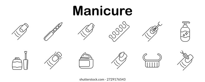 Ícone do conjunto de manicure. Unhas polidas, lima de unha, unha quebrada, separador, lima elétrica, garrafa de loção, esmalte, shimmer, creme, esfregador de dedo, tampão, ferramenta de pintura mostrada.