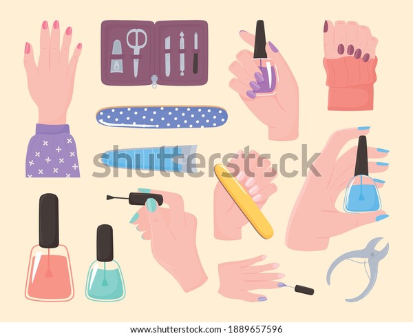 manicure, set icons hands nail polish\
cutter file kit tools and accessories vector\
illustration