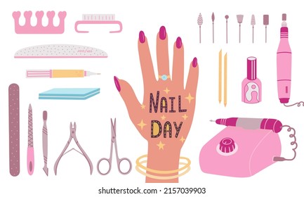 Manicure set, nail day, hardware manicure, beauty nails. Vector Illustration for printing, backgrounds, covers, packaging, greeting cards, posters and stickers. Isolated on white background.
