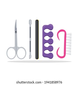 Manicure set nail file, scissors, brush, finger separator. Isolated on a white background. Vector illustration
