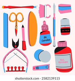 Manicure set. Nail polish, scissors, tong, cotton pad, brush and etc. Trendy vector illustration.