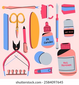 Manicure set. Nail polish, scissors, tong, cotton pad, brush and etc. Trendy vector illustration.