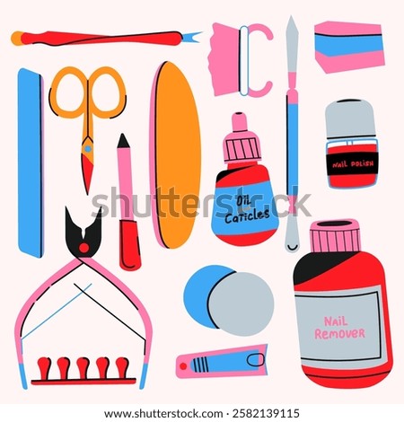 Manicure set. Nail polish, scissors, tong, cotton pad, brush and etc. Trendy vector illustration.