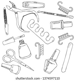 Manicure set. outline drawing. forceps, scissors, nail file, varnish, paintbrush,
nail file, nail brush, pusher, nippers