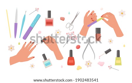 Manicure set. Red nail polish finger nail file and scissors glamorous cosmetics art with tweezers and colored bottles of coloring liquid beautiful hand skin care and polishing. Vector trendy style.