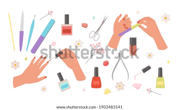 Manicure set. Red nail polish finger nail file and\
scissors glamorous cosmetics art with tweezers and colored bottles\
of coloring liquid beautiful hand skin care and polishing. Vector\
trendy style.