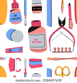 Manicure set. Seamless Pattern. Nail polish, scissors, tong, cotton pad, brush and etc. Trendy vector illustration.