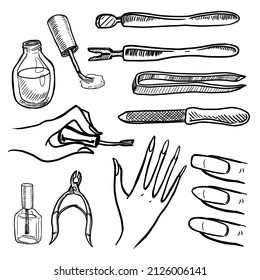 Manicure set sketches vector illustration on white background