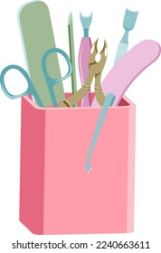 Conjunto de herramientas de manicura de estilo plano de color rosa con soporte de color pastel aislado sobre fondo blanco