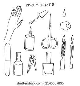Manicure set vector illustration, hand drawing doodles