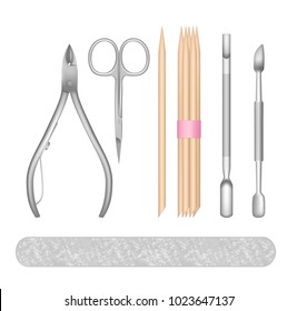 Manicure set. Vector realistic illustration of all tools for perfect nails wood cuticle sticks, cuticle pusher, cuticle trimmer, nail file and nail scissors.