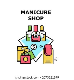 Manicure Shop Vector Icon Concept. Manicure Shop Selling Nail Polish Varnish And Cosmetology Accessories For Treatment Fingernail Beauty. Supermarket Cosmetic Seasonal Sale Discount Color Illustration