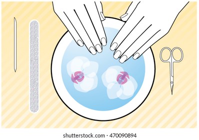 Manicure step. Soaking. Vector illustration.