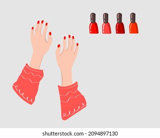 Manicure studio. Illustration of hands with red manicure. Set of red nail polishes. Illustration for banner