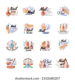 Maniküre Studio. Stilvolles, einfaches Logo für die Schönheit Frau kürzlich Vektornagel-Salon-Symbole