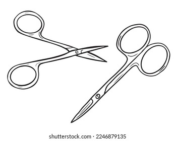 Manicure surgical small realistic scissors, forceps, in black isolated on white background. Hand drawn vector sketch illustration in doodle engraved vintage outline style. Hygiene, health care, beauty