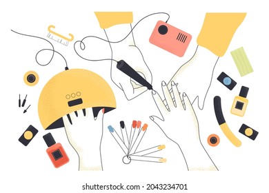 Manicure table top with hands of worker and customer. Nail service studio, colorful tools and equipment flat vector illustration. Beauty, nail care concept for banner, website design or landing page