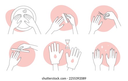 Manicure thin line icons set vector illustration. Outline top view of female hands holding nail file, brush and cuticle scissors to care nail and skin of arms, tools and gloves to peel and hygiene