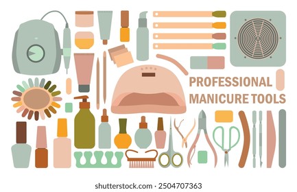 Conjunto grande de la herramienta de la manicura. Pinzas, lámpara, máquina de manicura, gel pulido y otros Elementos. Ilustración vectorial aislada en estilo de arte de Clip
