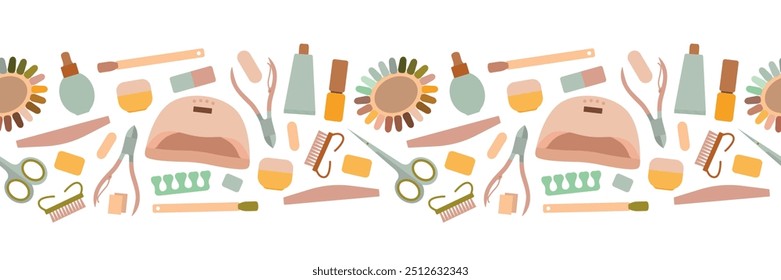 Manicure tool seamless border. Nail dryer, gel polish, shellac, nail file, scissors and other elements. Isolated vector illustration for your design