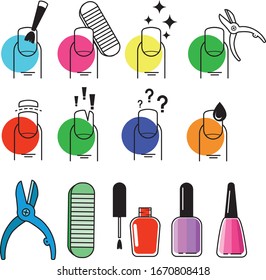 Manicure tools and accessories. Manicure line icons.