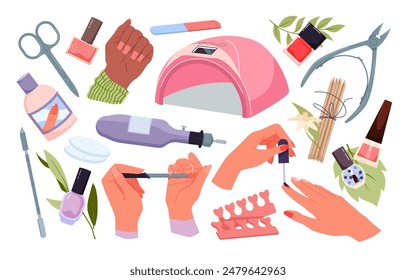 Manicure tools, cosmetics in beauty salon set. Female hands paint fingernail with brush and polish with file, nail care collection of tweezers and cuticle remover, UV lamp cartoon vector illustration