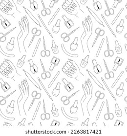 Manicure tools doodle seamless pattern. Manicure scissors, gel polish and woman hands on white background