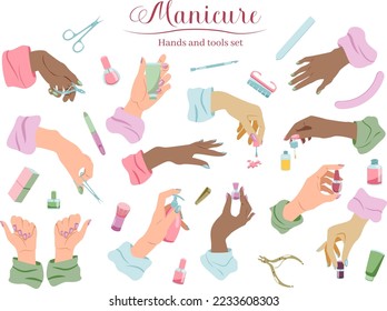 Manicure tools and female hand beauty care set in flat style isolated on white background