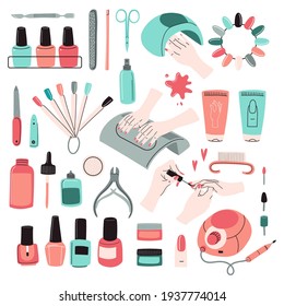 Manicure tools kit. Accessories, equipment set: nail polish, file, scissors, hand cream, electric drill, UV lamp, Cuticle nipper, etc. Professional studio, beauty salon.  Doodle vector illustration