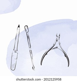 Manicure tools - nail clippers, a spatula, a nail file on watercolor spots with a copy of the space. The concept of nail care.