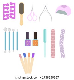 Manicure tools. Nail files, varnish, scissors, dots, uv lamp. Vector graphics.