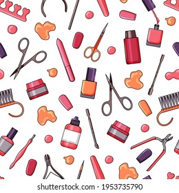 Manicure tools, nail polishes on white background vector seamless pattern. Fashionable background