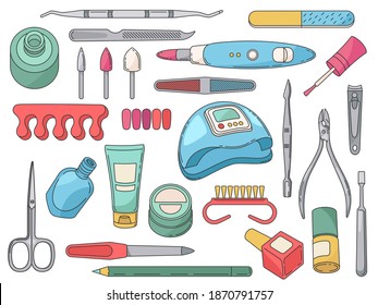 Manicure tools. Salon accessories and equipment for nails care. Polish bottle and brush, hand cream, file, scissors and clippers vector set. Ultraviolet lamp and lotion isolated on white