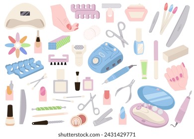 Manicure tools salon accessories and equipment for nails care flat. Cartoon professional hand nail care tools, stylish icons of hand nails polish and pedicure treatment, manicure top view.