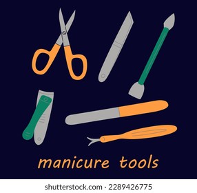 Herramientas de manicura. Tijeras y archivos de uñas, rascacielos y pimientos. Accesorios para el salón de belleza. Juego de iconos. Publicación en medios sociales. Colección de pegatinas. Ilustración de vector plano dibujada a mano