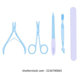 Manicure tools, manicure scissors, nippers, nail files, pusher. Vector Illustration for printing, backgrounds, covers, packaging, greeting cards, posters and stickers. Isolated on white background.